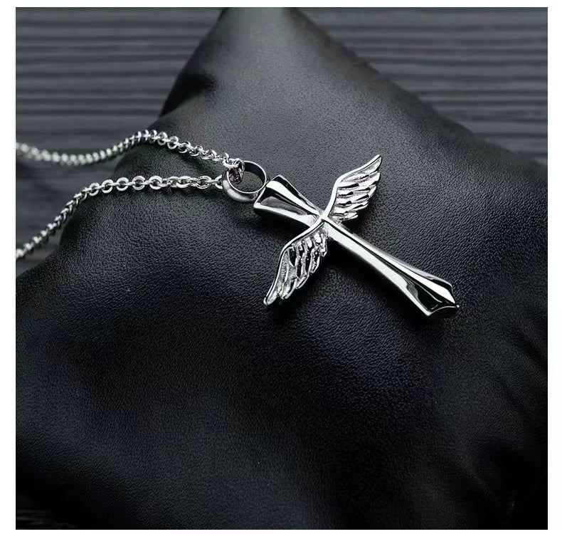 Cremation Urn Necklace of cross pendent with wings for Ashes