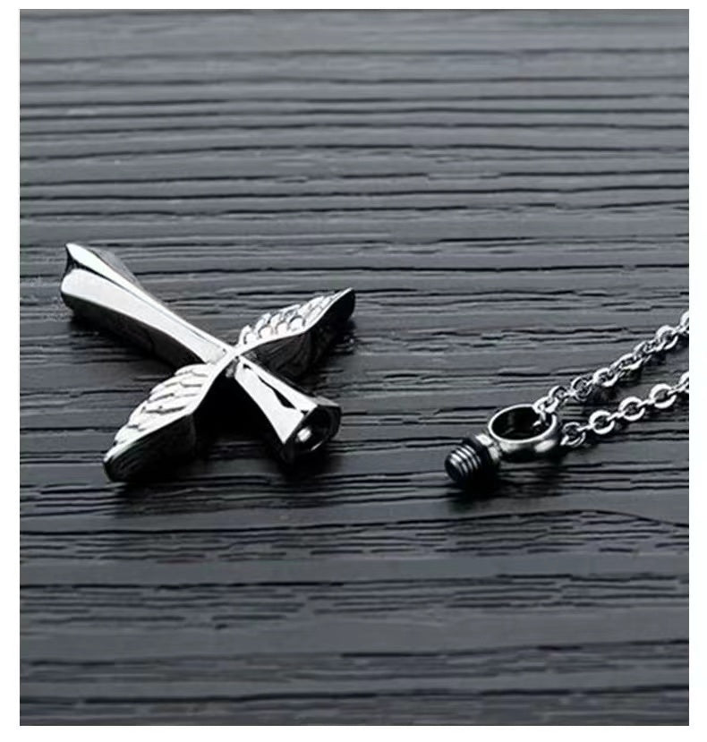 Cremation Urn Necklace of cross pendent with wings for Ashes