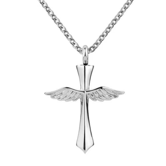 Cremation Urn Necklace of cross pendent with wings for Ashes